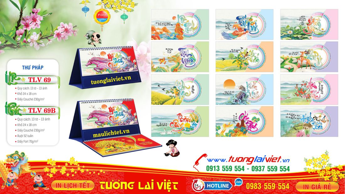 Mẫu Lịch Bàn 13 Tờ Chữ Thư Pháp